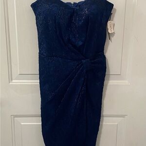 David Meister Blue Ruched Sheath Midi Dress